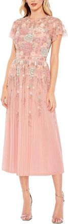 Mac Duggal Embellished High Neck Flutter Sleeve Midi Dress