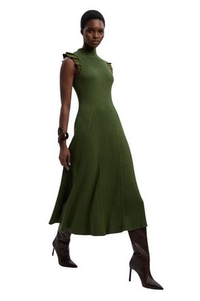 Karen Millen Pointelle Frill Sleeve Knit Midi Dress in Olive at Nordstrom, Size X-Small