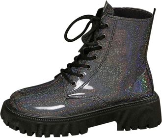 Generic Womens Holographic Combat Boots, Platform Lace-Up Design, British Style Round Toe Short Boots with Chunky Lugged Sole, Winter Collection
