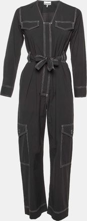 Ganni Ganni Black Cotton Blend Contrast Stitch Detail Belted Jumpsuit