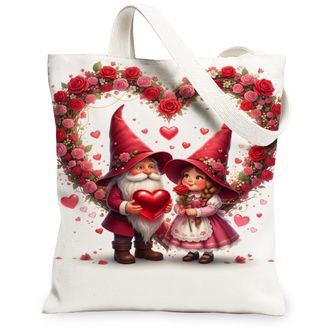 Generic ValentineS Day Floral Canvas Tote Bags, Romantic Heart Pattern Reusable Grocery Bags, Lightweight Washable Shoulder Strap, White, 13x15 Inch