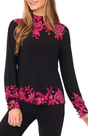 CeCe by Cynthia Steffe Placement Floral Mock Neck Top in Rich Black at Nordstrom, Size X-Small