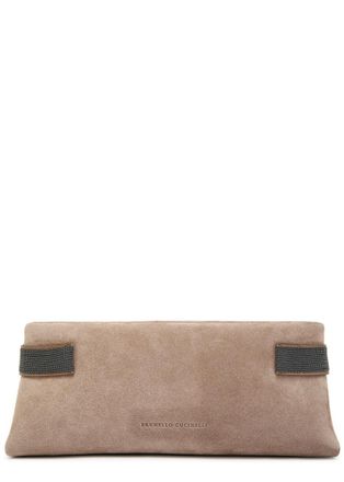 Brunello Cucinelli Bead Embellished Suede Clutch - Sand