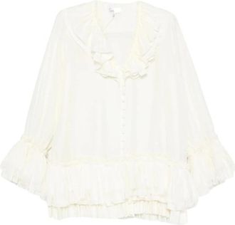 Ganni Blouse met ruches en V-hals - Dames - Blouses - Wit - XS - Overhemden
