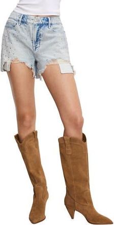Good American Bombshell Rhinestone Cutoff Denim Shorts in Indigo897 at Nordstrom Rack, Size 4