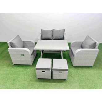 Fimous Light Grey pe Wicker Rattan Garden Furniture Set Sofa Set Reclining Chair Love Sofa Rectangular Dining Table 2 Small Stools 2 Side Tables - Fimous