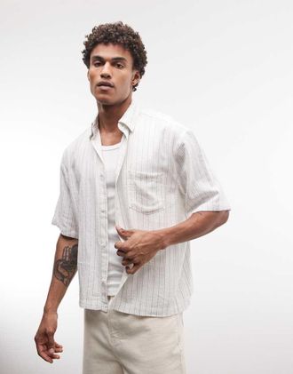 Weekday Franco - Camicia a maniche corte in misto lino bianco e grigio a righe