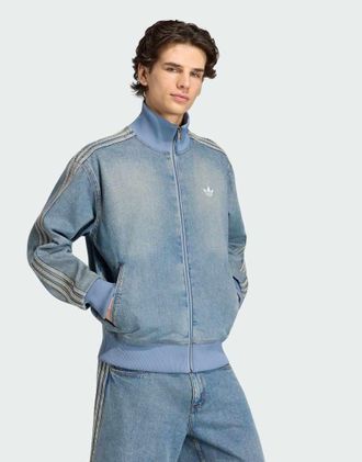 adidas Originals Firebird adicolor - Top sportivo in denim blu effetto consumato