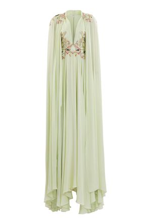 Saiid Kobeisy Reed-Colored Crepe Maxi Dress with Elegant Cape and Embroidery
