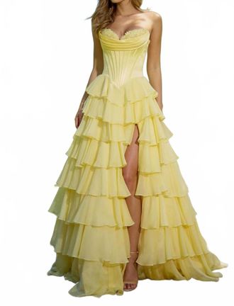 Sherri Hill Basque Waist Ruffle Skirt Dress In Yellow