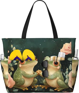 Generic Cute Frog Print Large Beach Bag Foldable Travel Shoulder Tote Bag With Pocket For Weekender Pool Vacation
