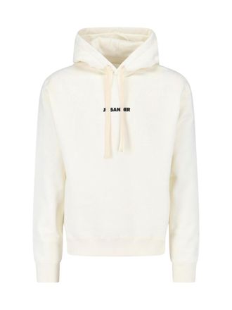Jil Sander White Cropped Contrast Logo Cotton Hoodie