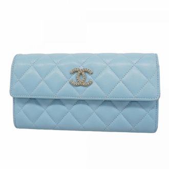 Chanel Blue Grained Calfskin Long Wallet (Bi-Fold) (Pre-Owned)