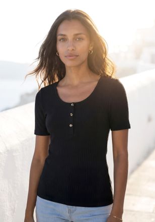 Lascana T-Shirt LASCANA mit kurzer Knopfleiste, Damen, Gr. 32/34, schwarz, Rippware, Obermaterial: 95% Viskose, 5% Elasthan, unifarben, bequem normal, Rundhal