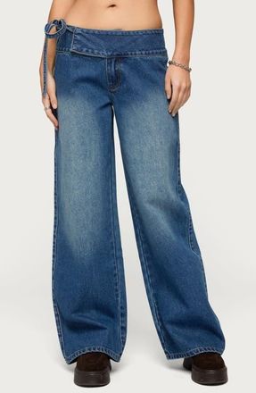 Edikted Cleo Tie Waist Wide Leg Jeans in Blue-Washed at Nordstrom, Size X-Small