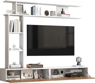 STILVORA Mueble Tv De Pared Con 2 Puertas, Estantes Abiertos, Montaje Colgado O De Pie Para Sal&oacute;n, En Tablero, 180 &times; 35 &times; 22.5 Cm