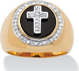 Palm Beach Jewelry Mens 1/10 TCW Diamond and Onyx Cross 14 Gold-plated Sterling Silver Halo Ring