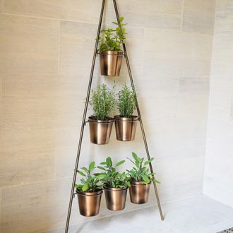 Ivyline Outdoor Vertical Gold Metal Wall Plant Stand with Planters, H148cm x W69cm, Planter External Diam. 14cm