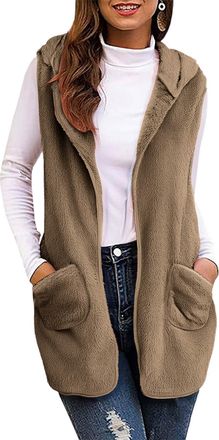 Generic womens gilets uk Vests for Women Uk Solid Color Fleece Long Gilet with Pockets Cozy Sleeveless Zip up Body Warmer Jacket Fuzzy Outwear Khaki S