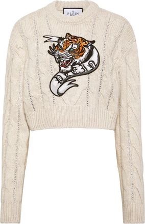 Philipp Plein Pullover Round Neck Tattoo - Dames - Ronde hals truien - Wit - M - Wol - Truien & Vesten