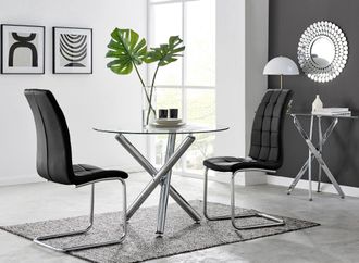 Furniturebox Selina Round Glass Chrome Leg Dining Table & Murano Chairs in Black | Size: 4 Person
