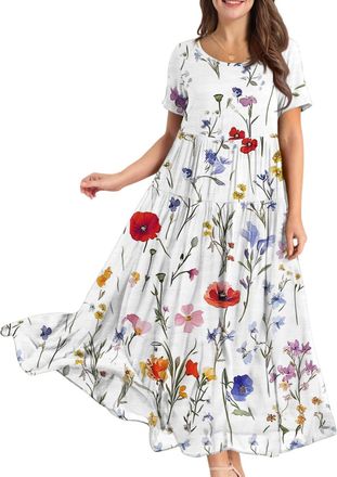 Generic Boho Dresses for Women UK, Womens Summer Maxi Boho Beach Dress Floral Print Sundress Crew Neck Short Sleeve High Waist Flowy Tiered Long Dresses 40th 