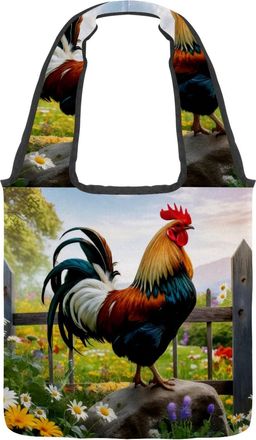 Generic Farm Rooster Flower Reversible Canvas Shoulder Tote - Double-Sided Print, 12oz Cotton, 27cm Drop, Fold-Flat Bag for Travel, Shopping, Street Outings