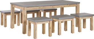 Beliani Conjunto De Jard&iacute;n De Cemento Reforzado Gris Madera De Acacia Clara Mesa De 6 Plazas 6 Taburetes Para Exteriores Industrial Moderno Ostuni