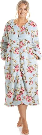 Camille Womens Super Soft Fleece Housecoat -Floral Zip Up Bathrobe - Long Sleeved and Side Pockets for Ultimate Comfort & Warmth Blue 10-12
