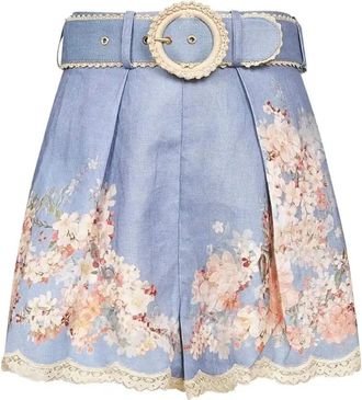 Zimmermann Floral-Print Belted Shorts - Womens - Linen/Flax