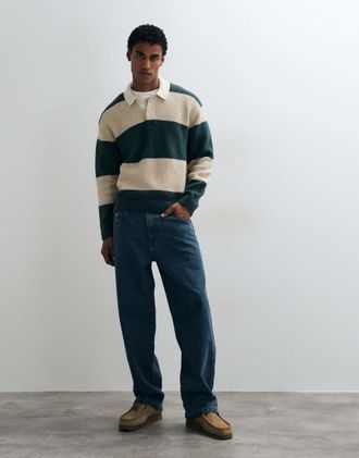 Abercrombie & Fitch maglione polo lavorato a maglia a maniche lunghe con bottoni e colletto a contrasto a righe verdi e crema-Multicolore