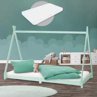 ML Design Ml-design - Cama Infantil Montessori En Forma De Tienda India Madera De Pino Verde Menta Con Colch&oacute;n 90 X 200 X 16 Cm De Espuma Fr&iacute;a Hipoalerg&eacute;nico Es