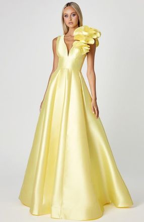 Bariano Mirella V Neck Ruffle Gown in Yellow at Nordstrom, Size 4