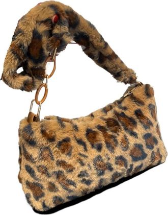 Generic Womens Plush Bags Plush Bag Fashion Large Capacity Shoulder Bags Leopard Print Totes Underarm For Women Girls(Brown)