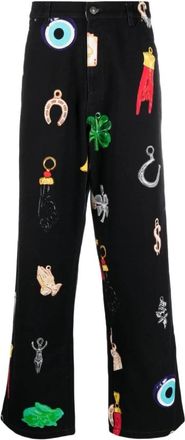 Sky High Farm Zwarte high-waisted jeans met grafische print - Heren - Wijde Broeken - Zwart - XL - Katoen - Broeken