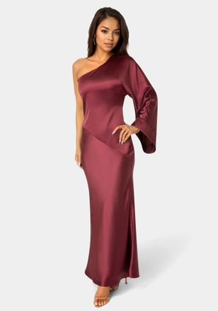 Bebe One Shoulder Bell Sleeve Satin Maxi Dress