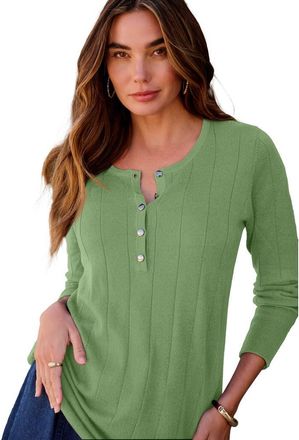 Roaman's Plus Size Drop Needle Henley Lightweight Sweater Knit in Green Sage at Nordstrom, Size Medium