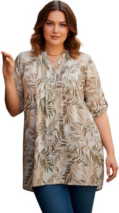 Roaman's Pintuck Tunic Blouse Y-Neck & Roll-Tab Sleeves in Green Khaki Waterfall Palm at Nordstrom, Size 20