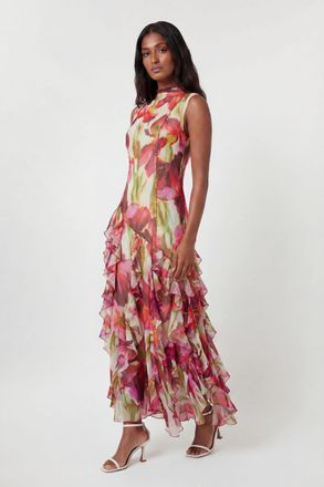 Karen Millen Womens Crinkle Floral Print Beaded High Neck Maxi Dress - Size 6 UK
