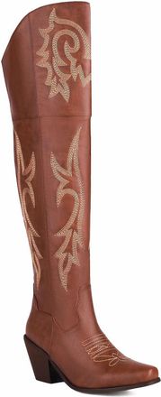 Generic Womens Square Toe Thigh High Boots Chunky High Heel Cowgirl Boots PU Leather Embroidered Western Cowboy Boot with Side Zipper,Brown,5.5 UK