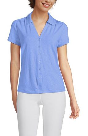 Lands End Linen Blend Short Sleeve Button Front Polo Top in Clear Blue Sky at Nordstrom, Size X-Large