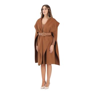 Elisabetta Franchi Belted Coats, female, Brown, Size: M Camel Wool Coat with Cocco Print