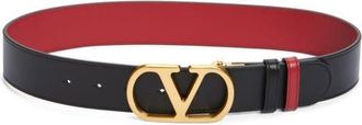Valentino Garavani VLOGO Signature Reversible Leather Belt in Nero/Rosso V at Nordstrom, Size 85