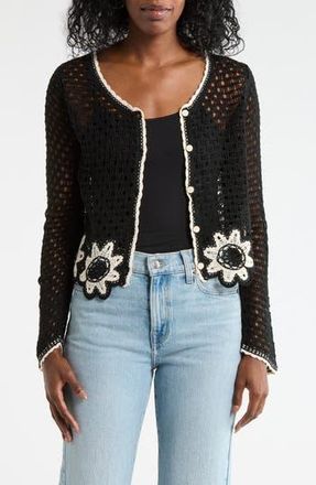 Forgotten Grace Scallop Trim Crochet Sweater in Black/Ivory at Nordstrom Rack, Size X-Large