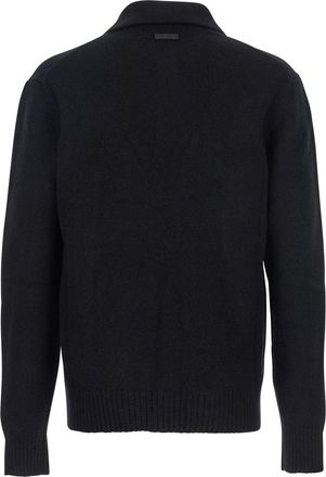 Dolce & Gabbana Mens Black Wool Polo Collar Sweater With Logo Patch Polyamide Top