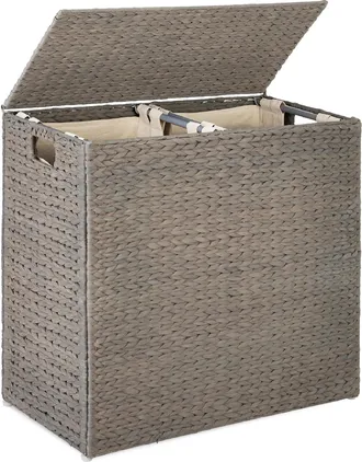 Best Choice Products Large Natural Water Hyacinth Double Laundry Hamper Basket w/ 2 Liner Bags, Handles