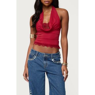 Edikted Lacy Cowl Neck Halter Top in Red at Nordstrom, Size X-Small