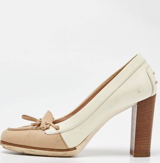 Tod's Tods Two Tone Beige Leather And Patent Block Heel Pumps