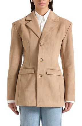 Mani&egrave;re De Voir Claire Suede Wide Shoulder Cinch Waist Blazer in Beige at Nordstrom, Size 6