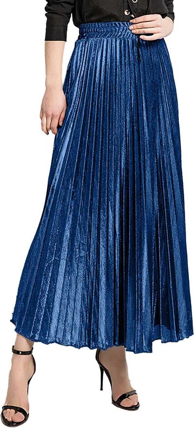 Womens Autumn Winter Velvet Maxi Skirts Elegant Ruffle Elastic High Waist A-Line Pleated Skirt Slim Fit Pure Colour Skirts for Afternoon Tea, Wedding 
